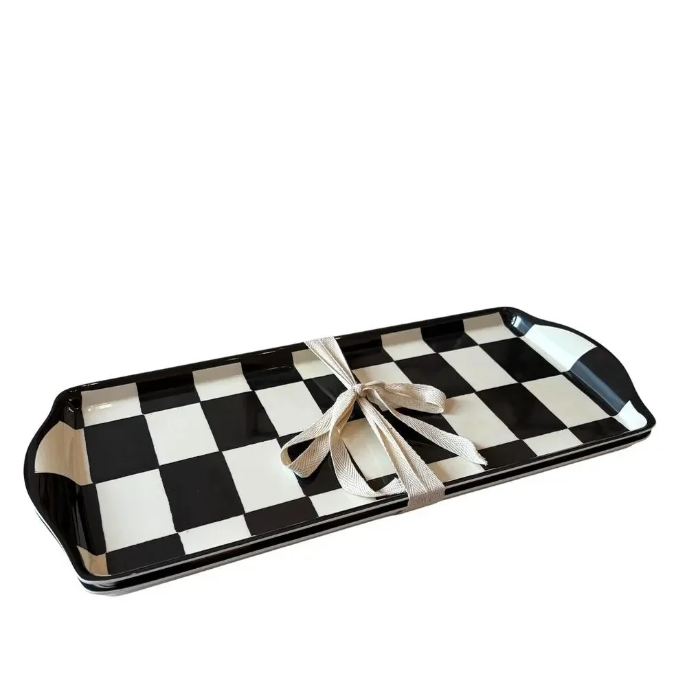 2pc Black & White Checkered Melamine Serving Trays 15x6.5 Mackenzie Style New